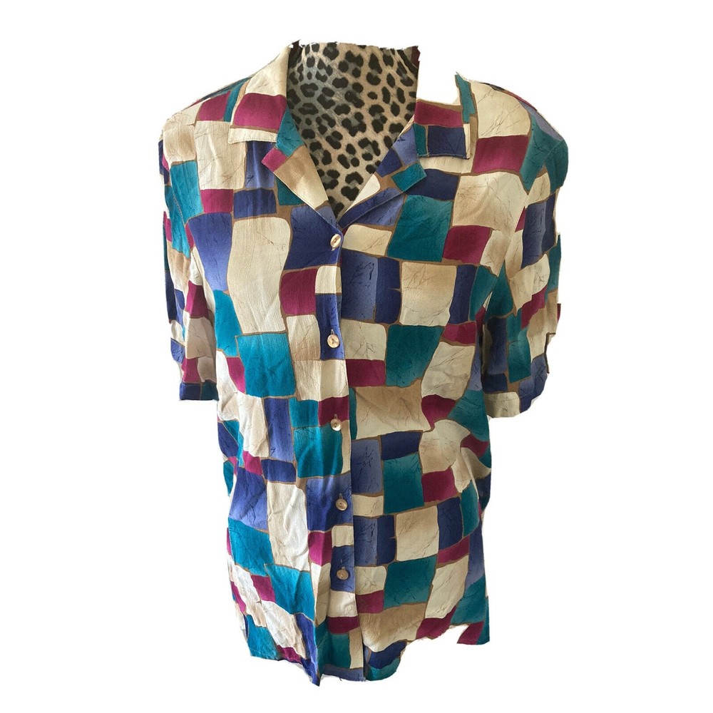 Alfred Dunner Top Blouse Size L 18 100% Rayon Multi Checkered 30L X 24W
